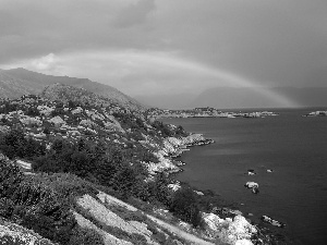 Coast, rocks, Great Rainbows, Mountains