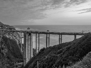 Coast, Big Sur Region, The United States, Great Sunsets, California, Bixby Creek Bridge, sea, clouds