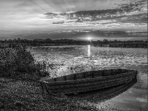 lake, coast, Great Sunsets, Boat