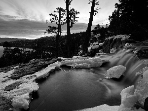 lake, waterfall, Great Sunsets, freezing