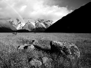 Meadow, Mountains, Great Rainbows, Stones