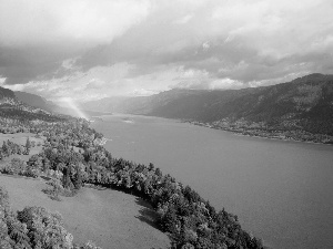 Mountains, woods, Great Rainbows, River