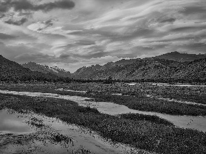 Patagonia, Argentina, River Rio de las Vueltas, Great Sunsets, clouds, Great Sunsets, River, grass, Mountains