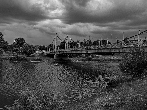 River, clouds, green, bridge