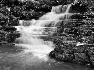 green, waterfall, rocks