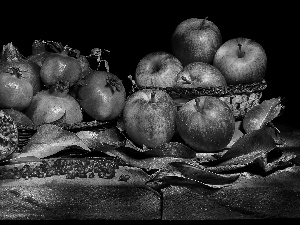 Cage, apples, Black, grenades, Fruits, Leaf, background