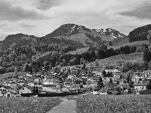 Gruyere, Switzerland, Way, Town, Mountains