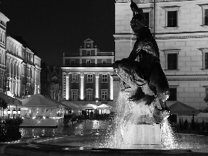 town hall, Night, Pozna?, fountain, old town