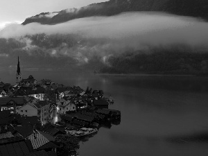 buildings, lake, Hallstatt, Austria, Night, clouds