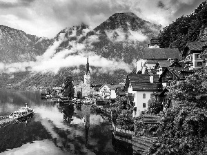 Mountains, Austria, clouds, buildings, Hallstättersee Lake, Hallstatt