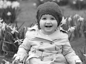 Hat, Daffodils, girl, red hot, Kid