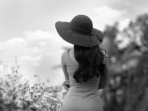 Hat, Spring, Flowers, Women, Meadow