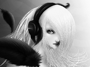 girl, Hair, HEADPHONES, White