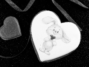 ribbon, black background, heart, Rabbit, cookies