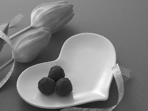 Heart, Truffles, ribbon, plate, Tulips