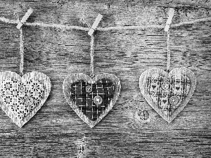 wood, Three, hearts, background