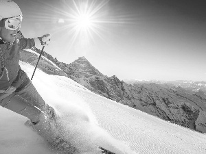 Hill-side, Skier, sun, winter, rays, Mountains