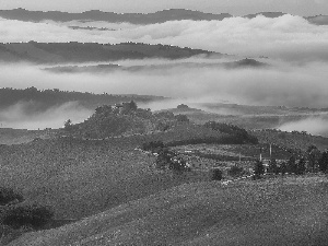Tuscany, Italy, The Hills, Houses, clouds, Fog, trees, viewes, Way