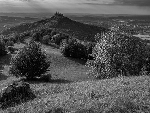 trees, viewes, Germany, clouds, Baden-W?rttemberg, Hohenzollern Castle, Hohenzollern Mountain, Hill
