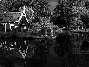 Home, forest, bridge, Boat, River