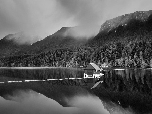 lake, Fog, Home, Mountains