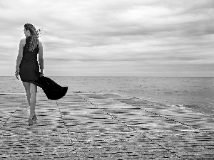 Women, sea, horizon, pier