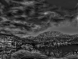 clouds, lake, House, Mountains