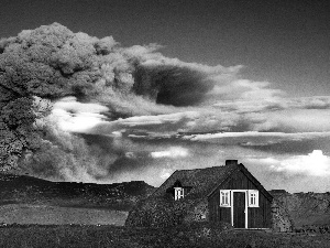 Mountains, clouds, house, volcano