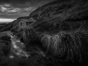 Great Sunsets, Spain, sea, house, Stones, Hill, brook, Asturias, Coast, grass, rocks