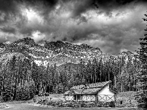 Mountains, Mount Rundle, clouds, forest, house, Banff National Park, Canada, Way