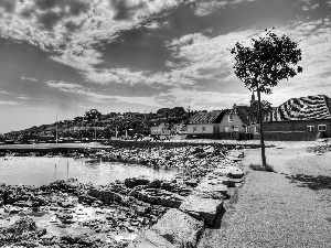 Houses, clouds, stony, Coast, sea