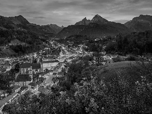 Mountains, Town, Dusk, Berchtesgaden, Church, Bavaria, Germany, Houses