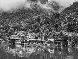 Houses, Walchensee Lake, forest, trees, Bavaria, Germany, Mountains, Fog, viewes