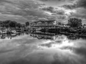 lake, motorboat, Houses, Harbour