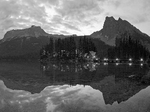 Houses, light, lake, forest, Mountains