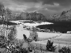 Houses, Norway, Mountains, Red, winter