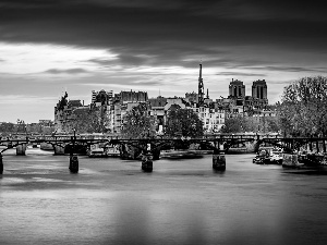 Houses, trees, France, viewes, Paris, bridge, River Seine, clouds