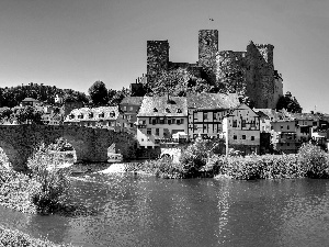 River, Castle, Houses, bridge