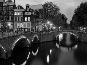 Houses, twilight, Netherlands, bridge, Amsterdam