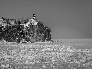 maritime, Coast, Houses, winter, rocks, Lighthouse