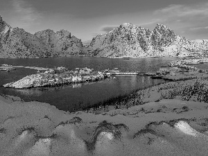 Houses, Snowy, Lofoten, Mountains, sea, Village Hamnøy, Norway