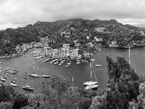 Houses, Yachts, sea, Gulf, Mountains