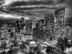 illuminated, Town, clouds, Night, skyscrapers