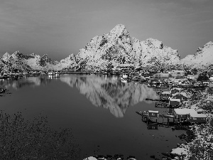 snow, winter, Norwegian Sea, Mountains, Moskenesoya Island, Norway, Reine, Lofoten, Houses