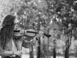 violin, Denim, viewes, Jacked, Women, trees, Park