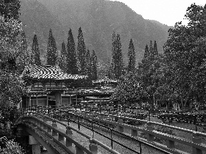 Mountains, temple, Japan, bridge