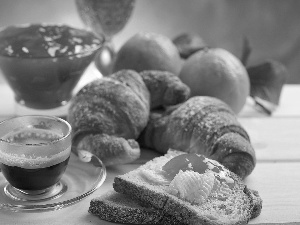 jelly, orange, bread, croissant, coffee