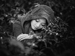 make-up, girl, flower, shawl, sad, jewellery, Bush