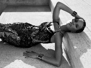 Stairs, Black and white, dress, jewellery, Women