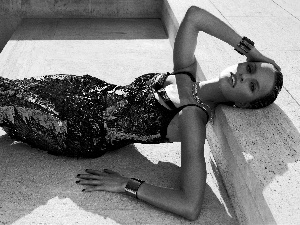 Stairs, Black and white, dress, jewellery, Women